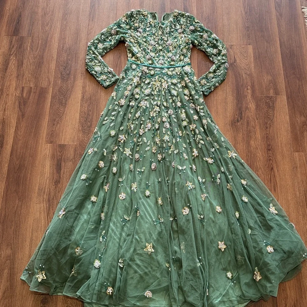 Mac Duggal Green Embellished Long Sleeve A Line Gown - Picture 4 of 9